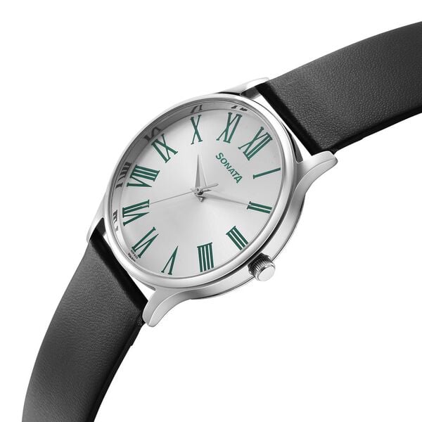 Sonata 77105SL12W Quartz Analog Silver Dial Men’s Watch with Black Leather Strap