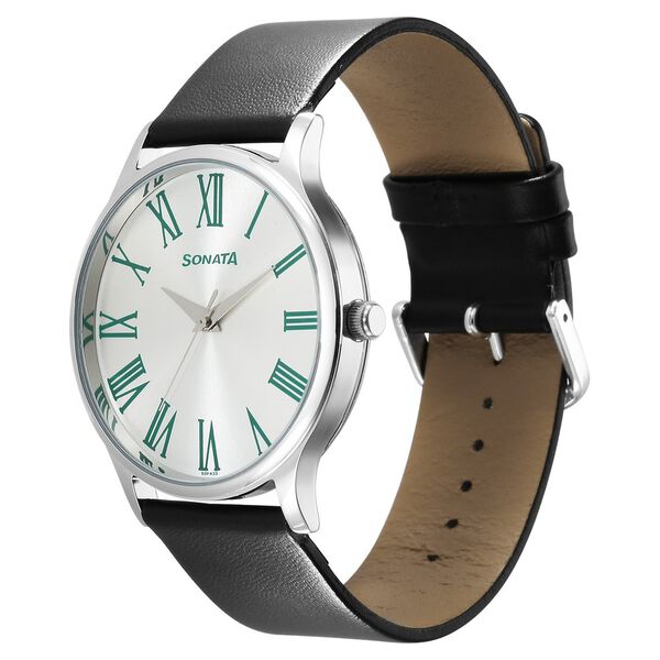 Sonata 77105SL12W Quartz Analog Silver Dial Men’s Watch with Black Leather Strap