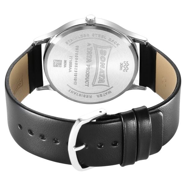 Sonata 77105SL12W Quartz Analog Silver Dial Men’s Watch with Black Leather Strap