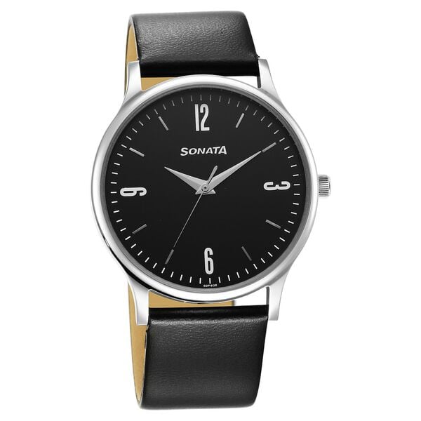 Sonata 77105SL14W Quartz Analog Black Dial Men’s Watch with Black Leather Strap