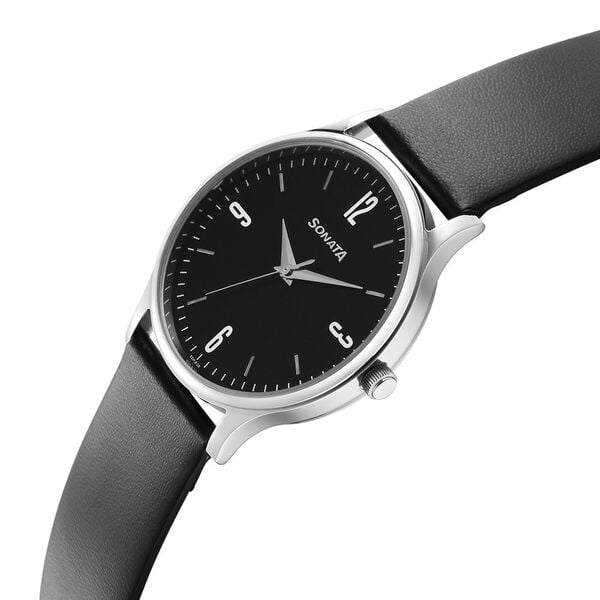 Sonata 77105SL14W Quartz Analog Black Dial Men’s Watch with Black Leather Strap