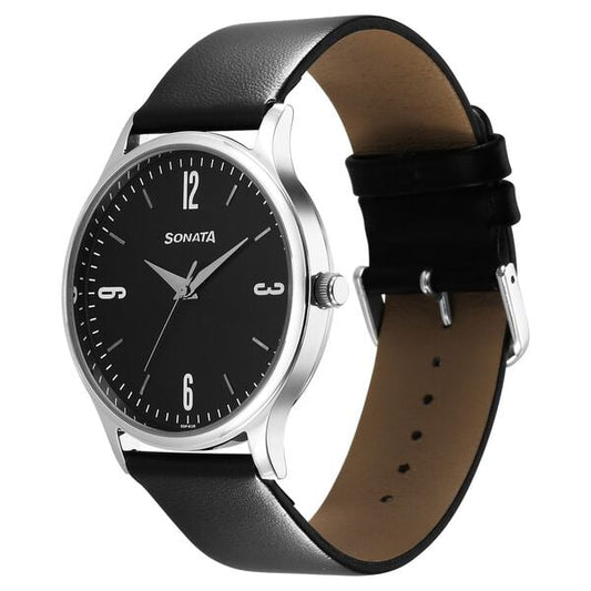 Sonata 77105SL14W Quartz Analog Black Dial Men’s Watch with Black Leather Strap