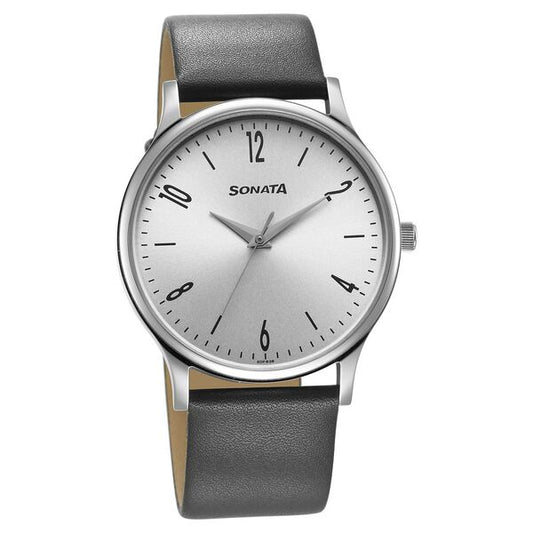 Sonata 77105SL15W Quartz Analog Grey Dial Men’s Watch with Grey Leather Strap