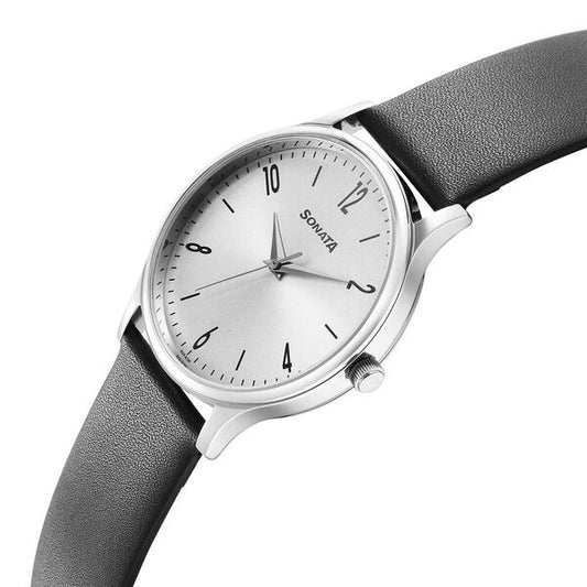 Sonata 77105SL15W Quartz Analog Grey Dial Men’s Watch with Grey Leather Strap