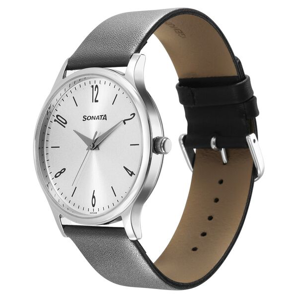 Sonata 77105SL15W Quartz Analog Grey Dial Men’s Watch with Grey Leather Strap