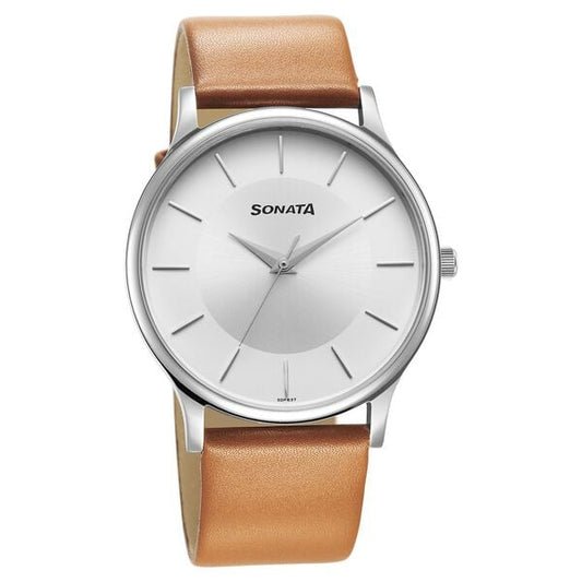 Sonata 77105SL16W Quartz Analog Silver Dial Men’s Watch with Tan Leather Strap