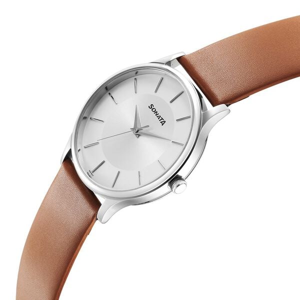 Sonata 77105SL16W Quartz Analog Silver Dial Men’s Watch with Tan Leather Strap