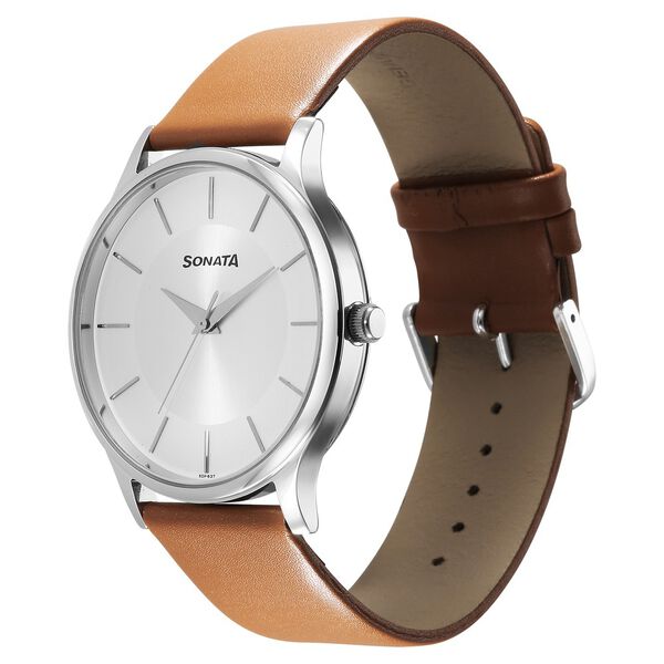 Sonata 77105SL16W Quartz Analog Silver Dial Men’s Watch with Tan Leather Strap