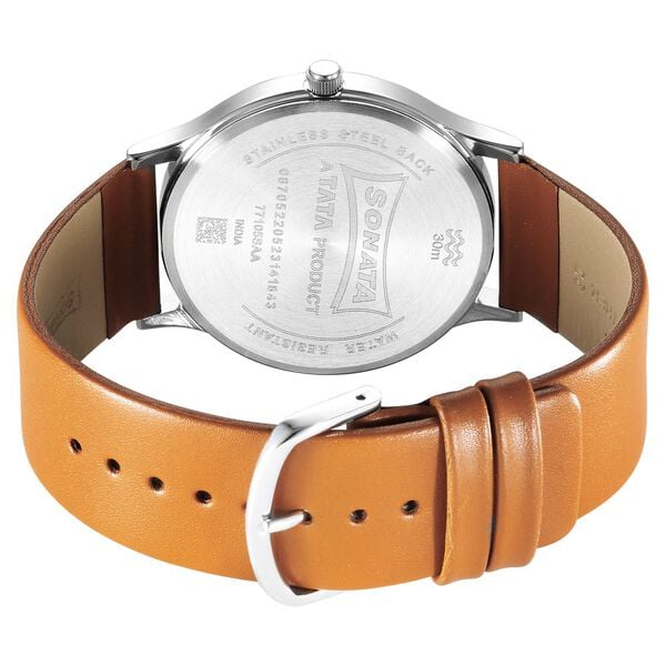 Sonata 77105SL16W Quartz Analog Silver Dial Men’s Watch with Tan Leather Strap