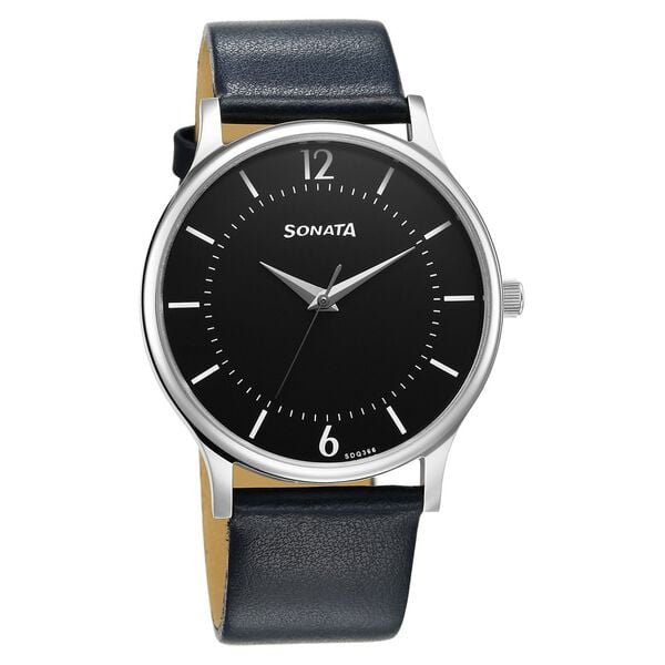 Sonata 77105SL18W Aspire Quartz Analog Black Dial Blue Leather Strap Watch for Men