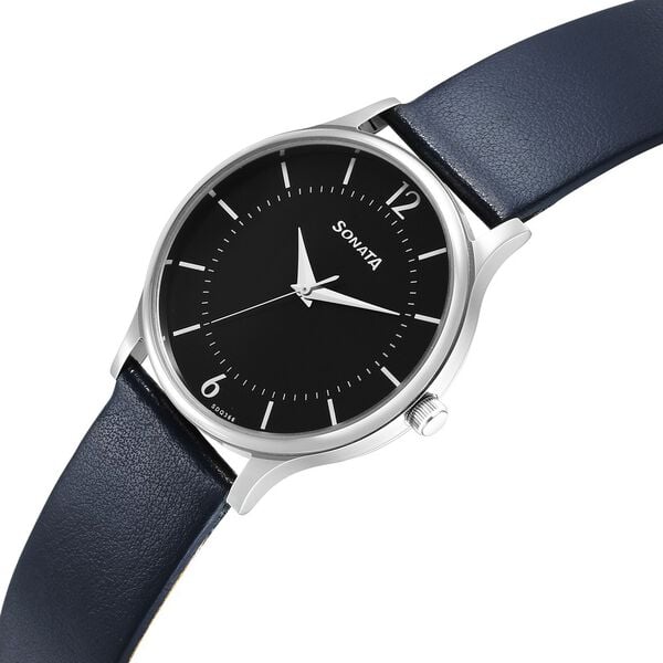 Sonata 77105SL18W Aspire Quartz Analog Black Dial Blue Leather Strap Watch for Men