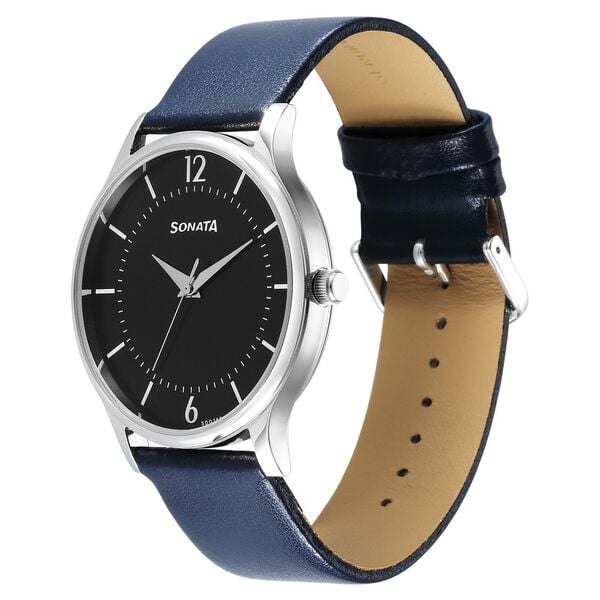 Sonata 77105SL18W Aspire Quartz Analog Black Dial Blue Leather Strap Watch for Men