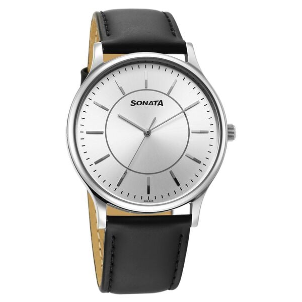 Sonata 77105SL21W Aspire Quartz Analog Men Watch with Silver Dial and Black Leather Strap