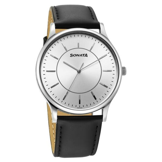 Sonata 77105SL21W Aspire Quartz Analog Men Watch with Silver Dial and Black Leather Strap