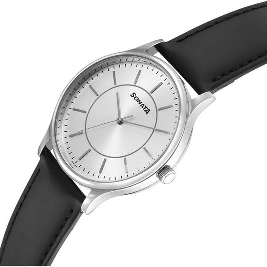 Sonata 77105SL21W Aspire Quartz Analog Men Watch with Silver Dial and Black Leather Strap
