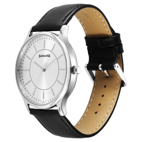 Sonata 77105SL21W Aspire Quartz Analog Men Watch with Silver Dial and Black Leather Strap