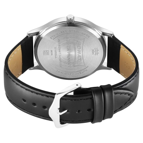 Sonata 77105SL21W Aspire Quartz Analog Men Watch with Silver Dial and Black Leather Strap