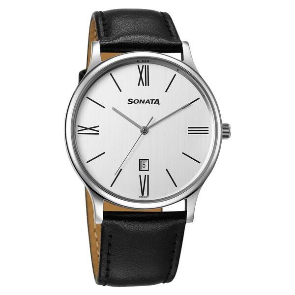 Sonata 77105SL22W Aspire 3 Quartz Analog White Dial Black Leather Strap Watch for Men
