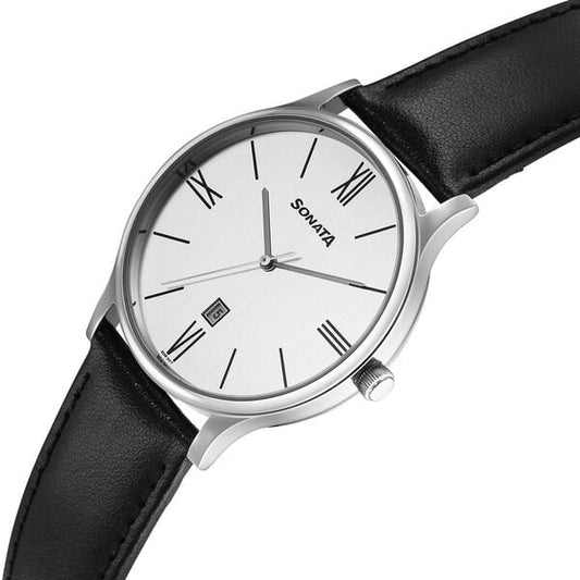 Sonata 77105SL22W Aspire 3 Quartz Analog White Dial Black Leather Strap Watch for Men