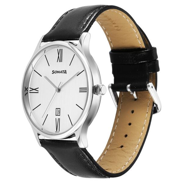 Sonata 77105SL22W Aspire 3 Quartz Analog White Dial Black Leather Strap Watch for Men