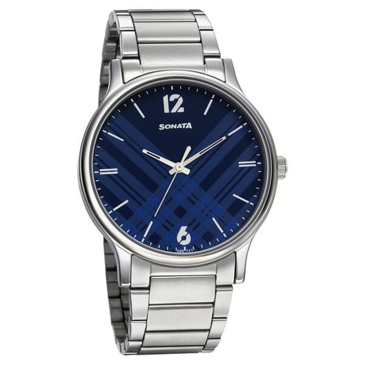 Sonata NR77105SM01W front view blue dial