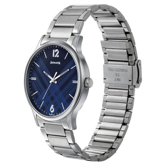 Sonata 77105SM01W Smart Plaid Quartz Analog Blue Dial Stainless Steel Watch for Men
