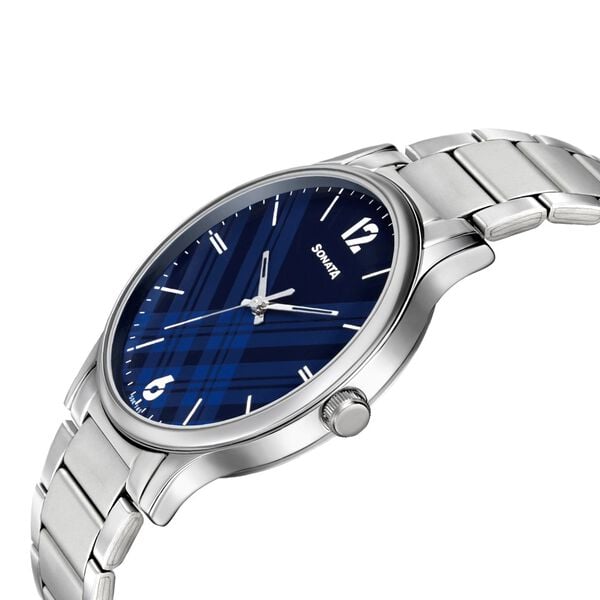 Sonata 77105SM01W Smart Plaid Quartz Analog Blue Dial Stainless Steel Watch for Men