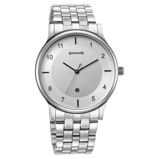 Sonata 77105SM07 Quartz Analog with Date Silver Dial Stainless Steel Strap Men's Watch