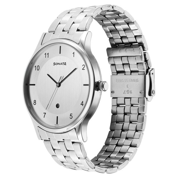 Sonata 77105SM07 Quartz Analog with Date Silver Dial Stainless Steel Strap Men's Watch