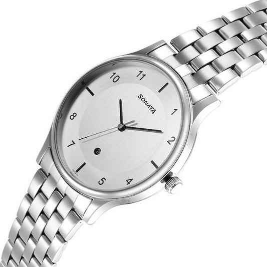 Sonata 77105SM07 Quartz Analog with Date Silver Dial Stainless Steel Strap Men's Watch
