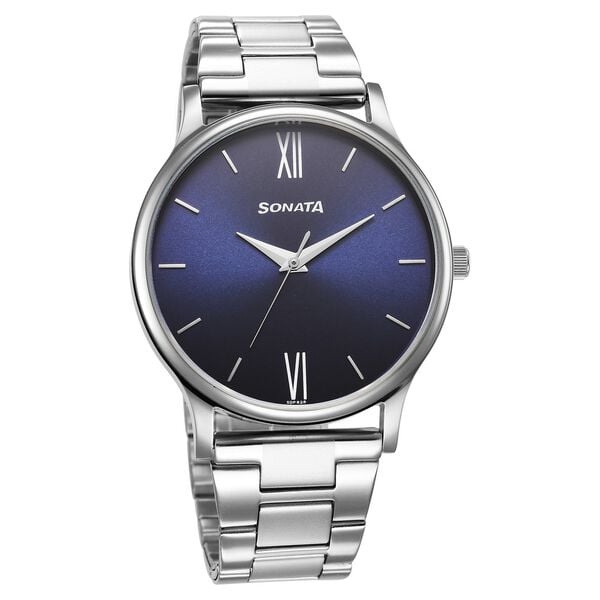 Sonata NT77105SM08W front view blue dial