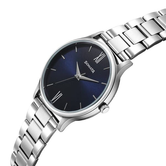 Sonata 77105SM08W Men Aspire Quartz Analog Blue Dial Stainless Steel Watch