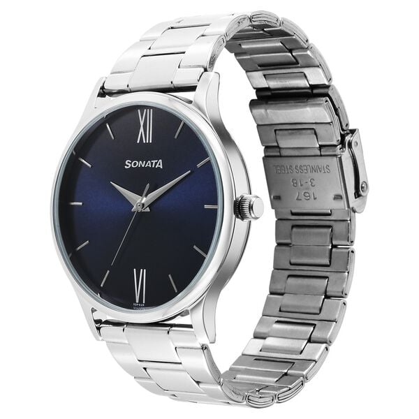 Sonata 77105SM08W Men Aspire Quartz Analog Blue Dial Stainless Steel Watch