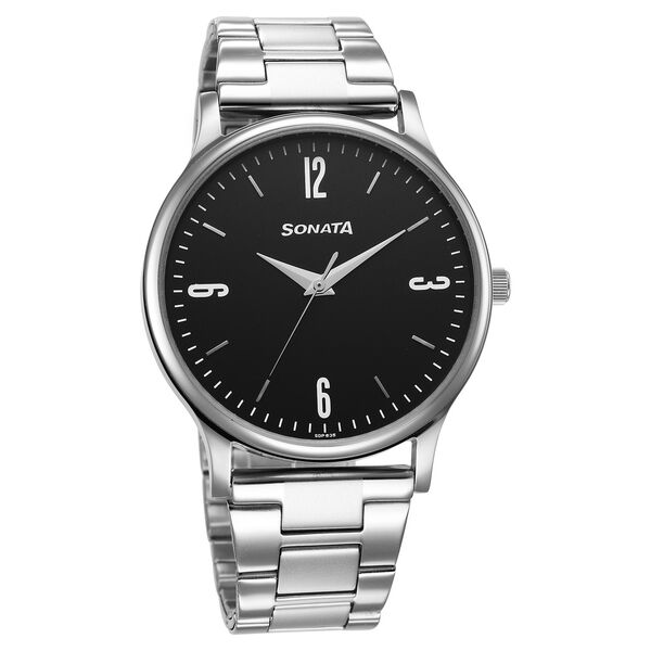 Sonata NT77105SM09W front view black dial