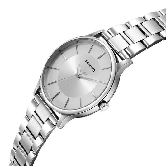 Sonata Aspire 77105SM10W Quartz Analog Silver Dial Stainless Steel Strap Watch for Men