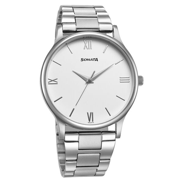 Sonata 77105SM12W Aspire Quartz Analog White Dial Stainless Steel Strap Watch for Men