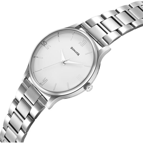 Sonata 77105SM12W Aspire Quartz Analog White Dial Stainless Steel Strap Watch for Men