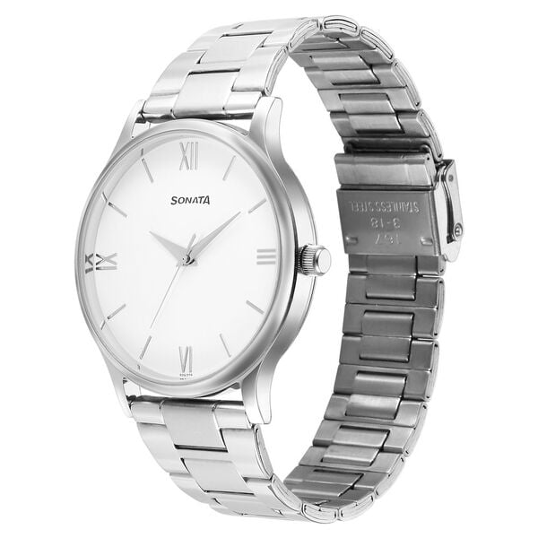 Sonata 77105SM12W Aspire Quartz Analog White Dial Stainless Steel Strap Watch for Men