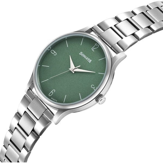 Sonata 77105SM13W Aspire Quartz Analog Green Dial Stainless Steel Strap Watch for Men