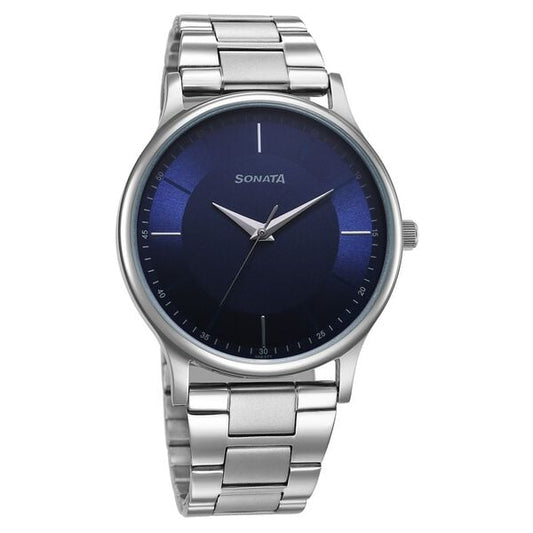 Sonata 77105SM15W Men Quartz Blue Dial Stainless Steel Analog Watch