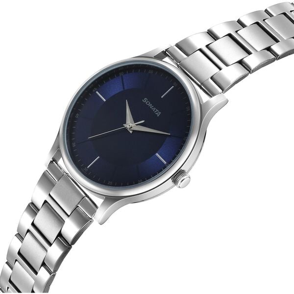 Sonata 77105SM15W Men Quartz Blue Dial Stainless Steel Analog Watch