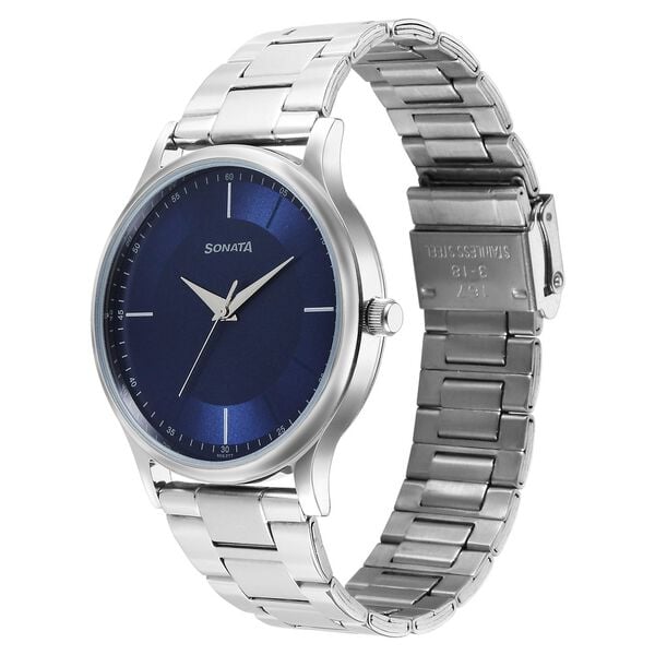 Sonata 77105SM15W Men Quartz Blue Dial Stainless Steel Analog Watch
