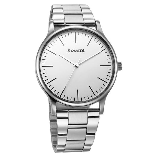 Sonata 77105SM17W Aspire 3 Quartz Analog Off-White Dial Stainless Steel Strap Watch for Men