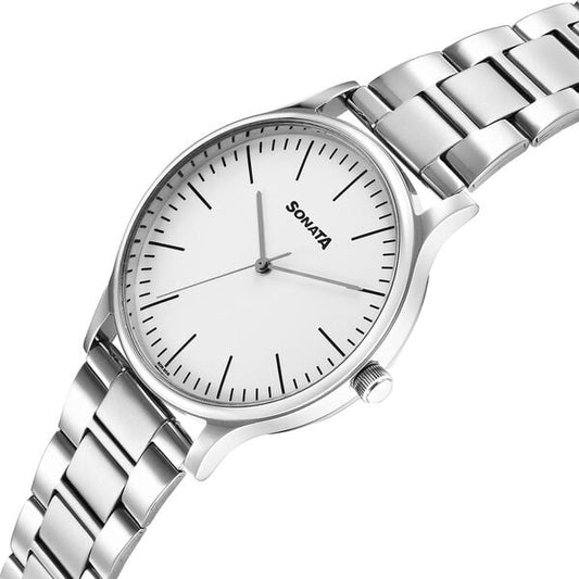 Sonata 77105SM17W Aspire 3 Quartz Analog Off-White Dial Stainless Steel Strap Watch for Men