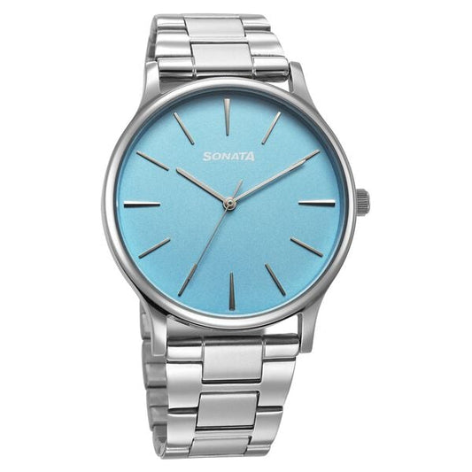 Sonata 77105SM18W Aspire 3 Quartz Analog Blue Dial Stainless Steel Strap Watch for Men