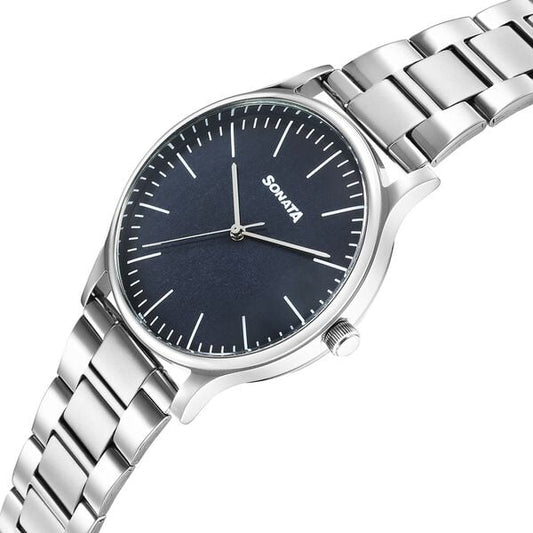 Sonata 77105SM19W Aspire Men’s Quartz Analog Blue Dial Stainless Steel Watch