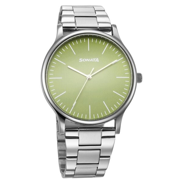 Sonata 77105SM20W Aspire 3 Quartz Analog Green Dial Stainless Steel Strap Watch for Men