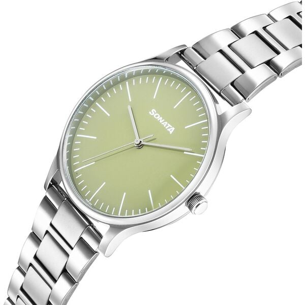 Sonata 77105SM20W Aspire 3 Quartz Analog Green Dial Stainless Steel Strap Watch for Men