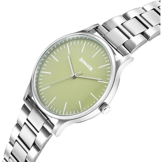 Sonata 77105SM20W Aspire 3 Quartz Analog Green Dial Stainless Steel Strap Watch for Men