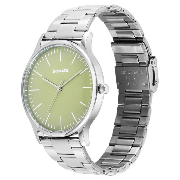 Sonata 77105SM20W Aspire 3 Quartz Analog Green Dial Stainless Steel Strap Watch for Men